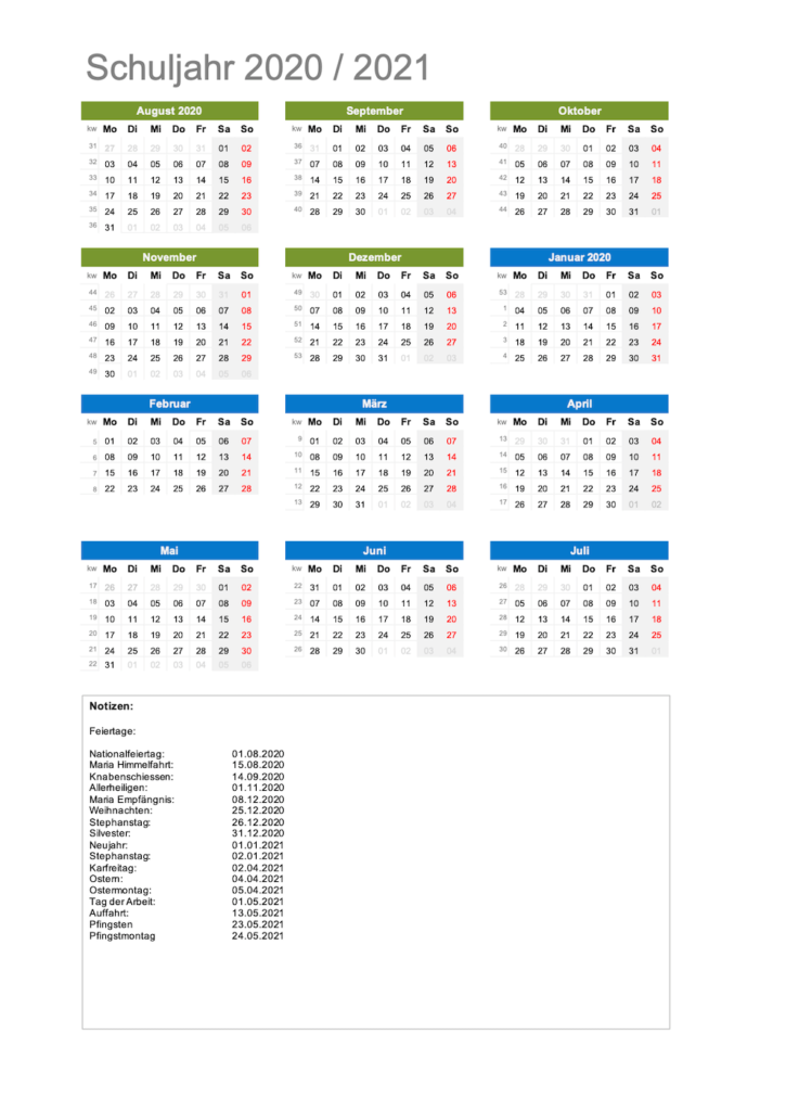 Schulkalender 2020 / 2021 im Excel- und PDF-Format
