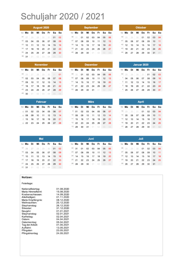 Schulkalender 2020 / 2021 Excel & PDF-Format