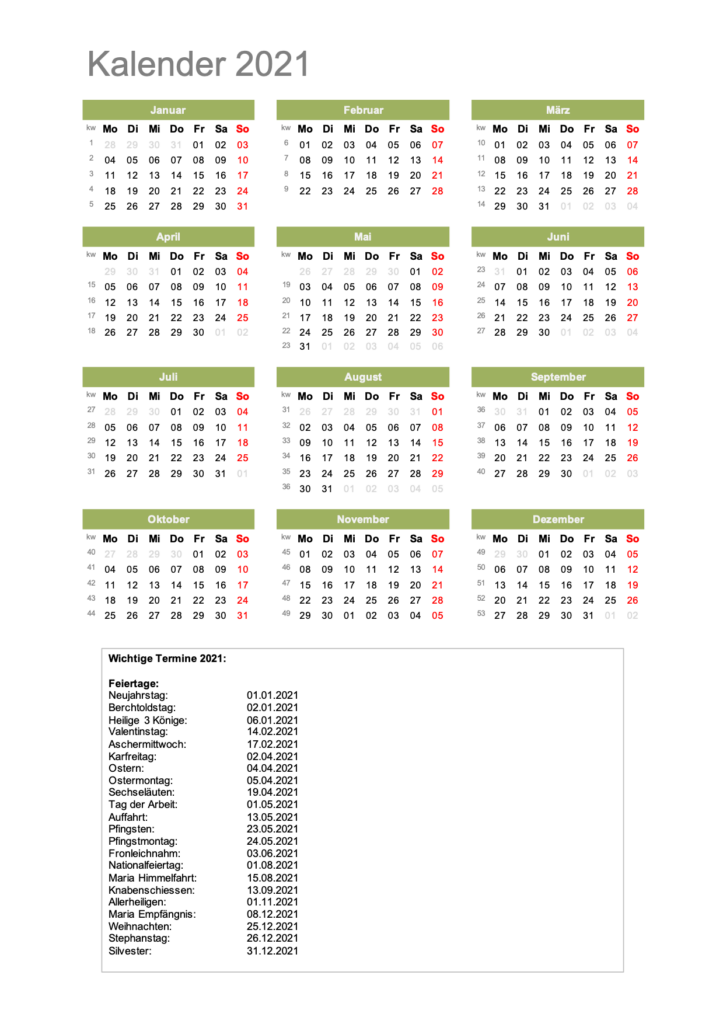 Kalender 2021 Schweiz mit Kalenderwochen und Feiertagen.