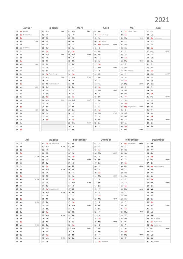 Jahreskalender 2021 Schweiz Excel & PDF