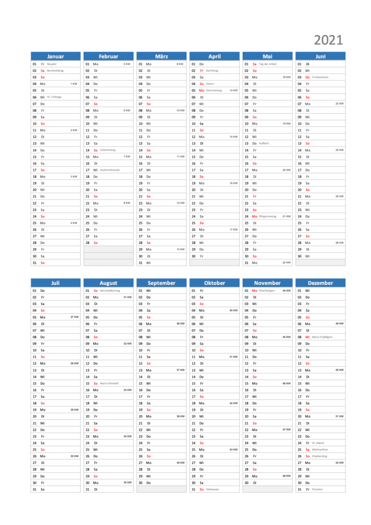 Jahreskalender 2021 Schweiz Excel & PDF mit KW und Feiertagen 