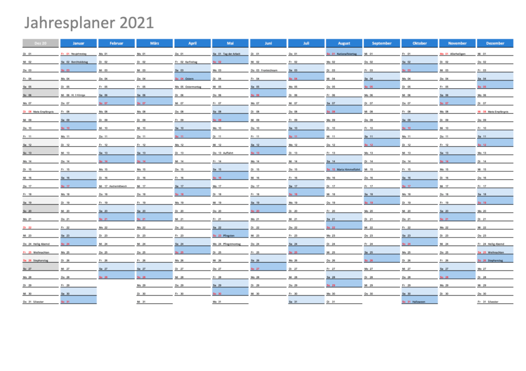 Kalender 2021 Schweiz Excel & PDF. Darstellung Dezember - Dezember.