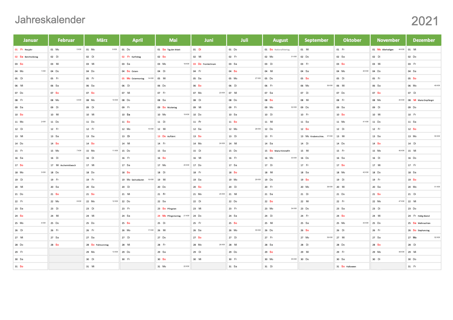 Kalender 2021 Schweiz (Excel & PDF) | Schweiz-Kalender.ch