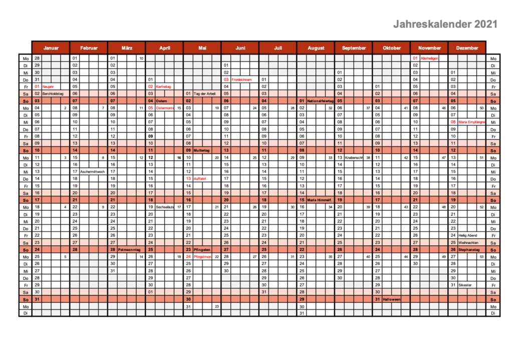 Jahreskalender 2021 Schweiz Excel und PDF mit KW und Feiertagen