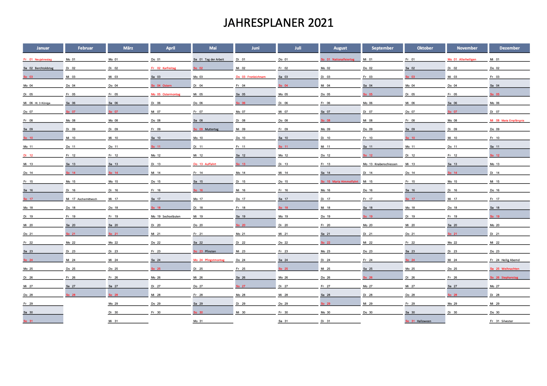 Kalender 2021 Schweiz (Excel & PDF) | Schweiz-Kalender.ch