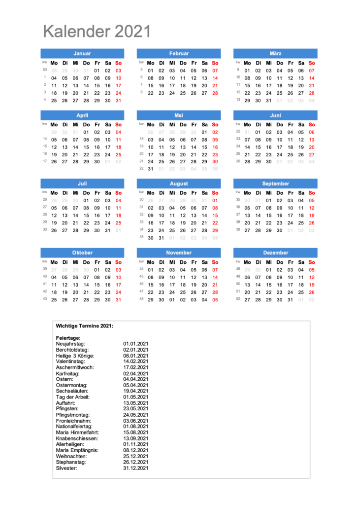 Jahreskalender 2021 Schweiz Excel & PDF Hochformat