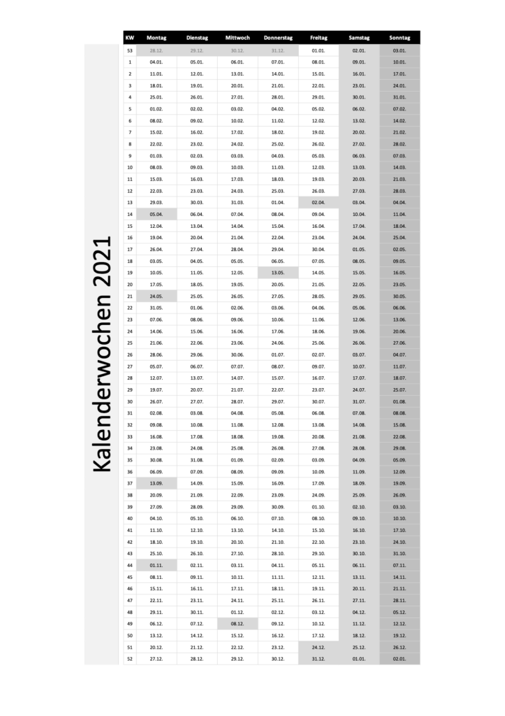 KW 2021 Schweiz Excel & PDF Download