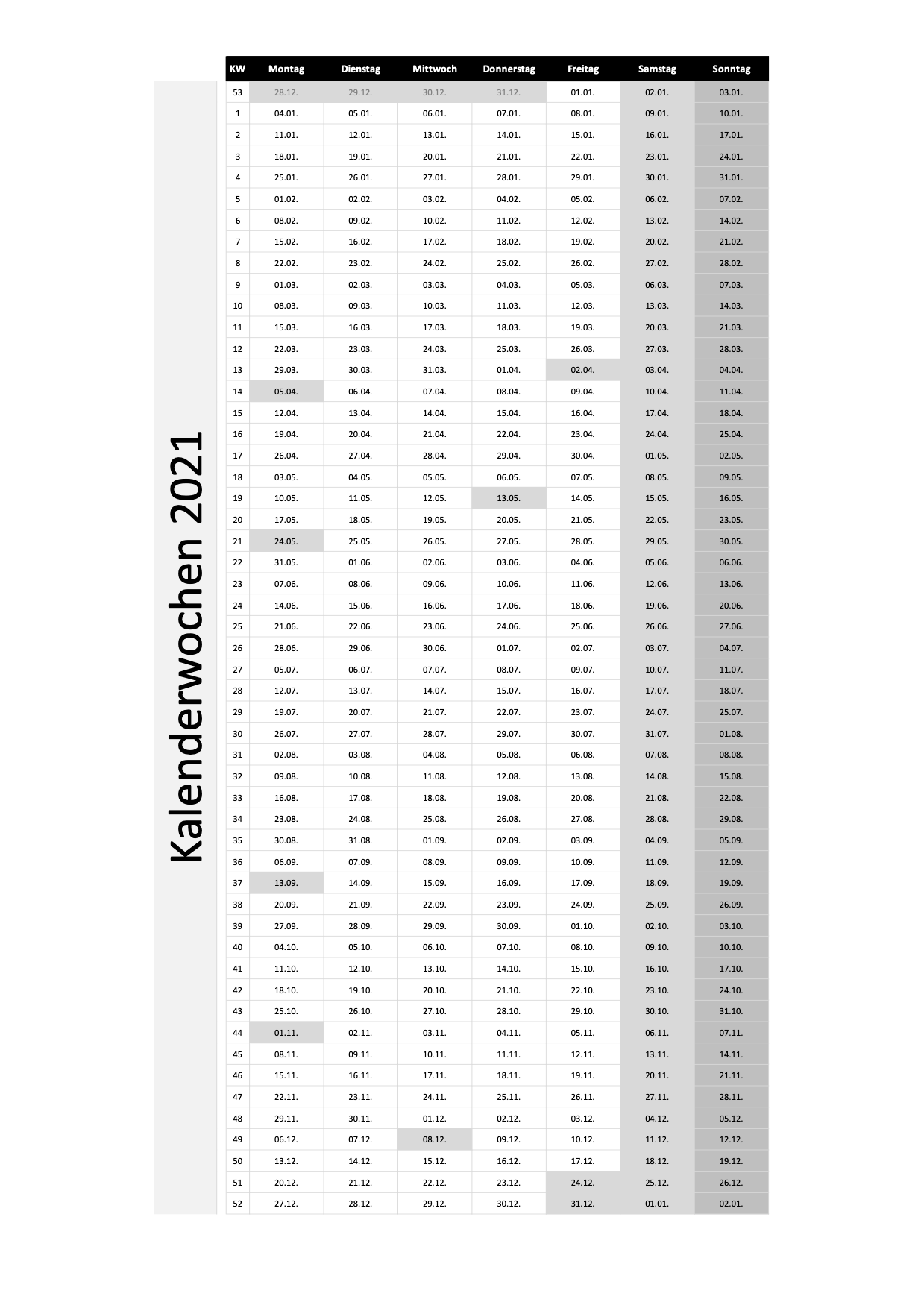 Kalenderwochen 2021 Schweiz (Excel & PDF) | Schweiz ...