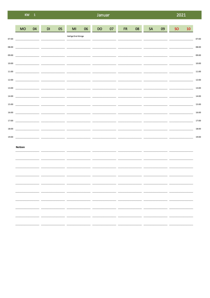Wochenkalender 2021 Schweiz Hochformat Excel und PDF