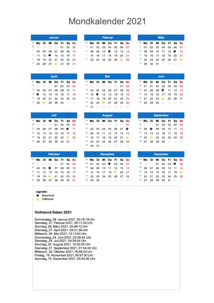 Mondkalender 2021 Schweiz Ausdrucken