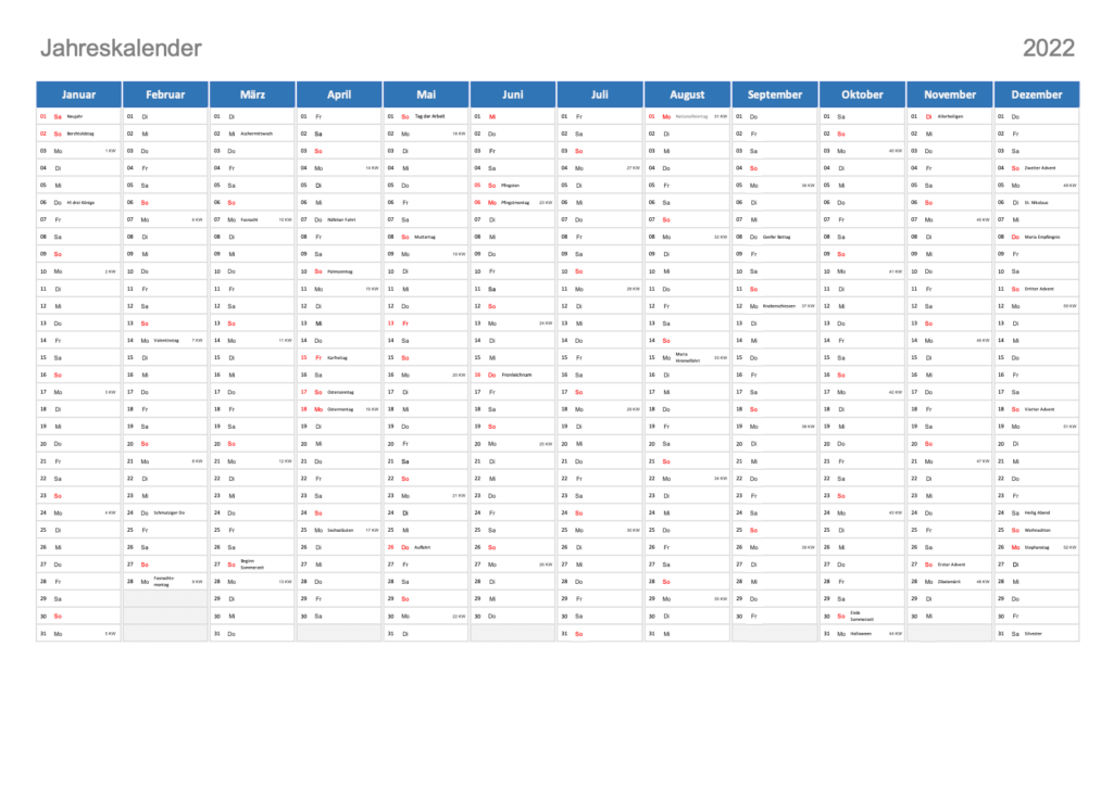 Jahreskalender 2022 Schweiz Excel & PDF