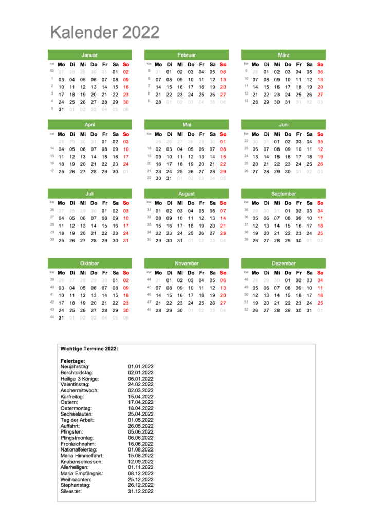 Jahreskalender 2022 Schweiz (Excel & PDF)