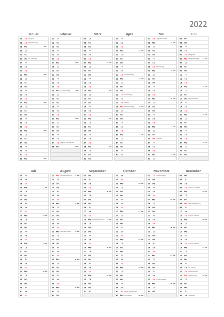 Kalender 2022 Schweiz Hochformat Excel PDF