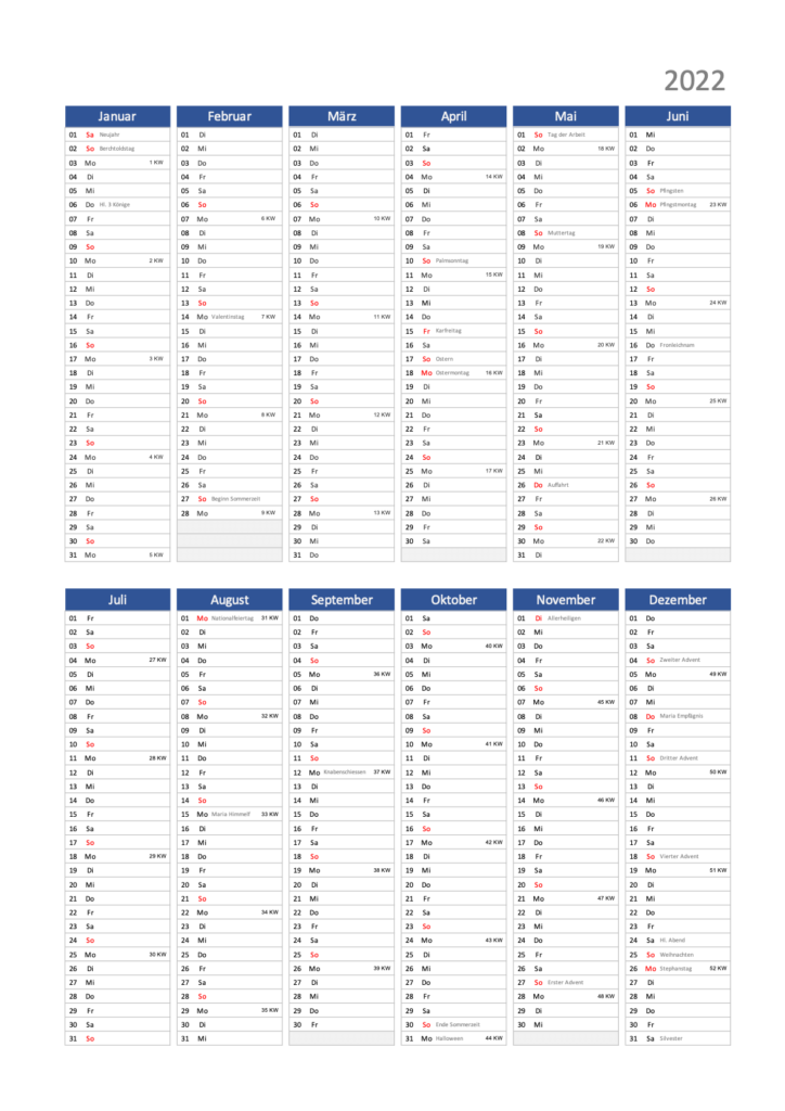 Hochformat Jahreskalender 2022 Schweiz & Excel