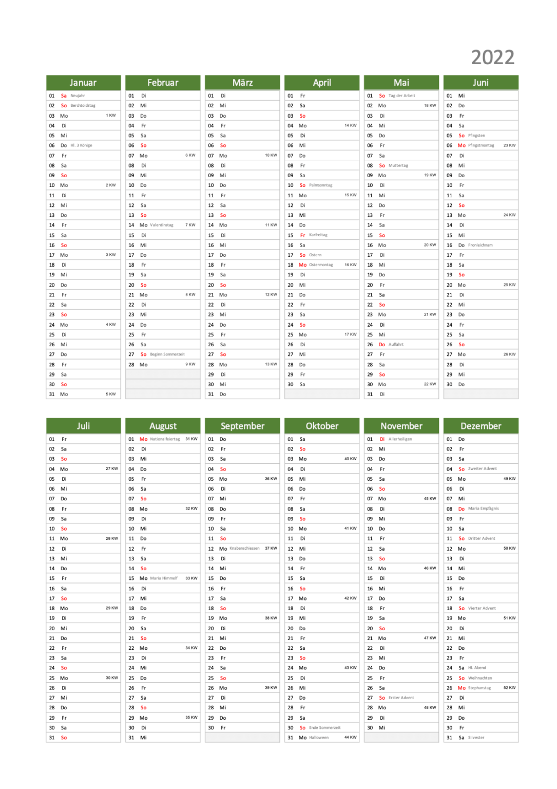  Kalender 2022 Schweiz  Excel PDF Schweiz  Kalender  ch
