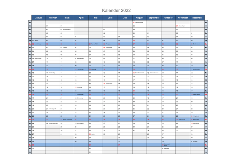 Kalender 2022 Schweiz (excel & Pdf) - Schweiz-kalender.ch