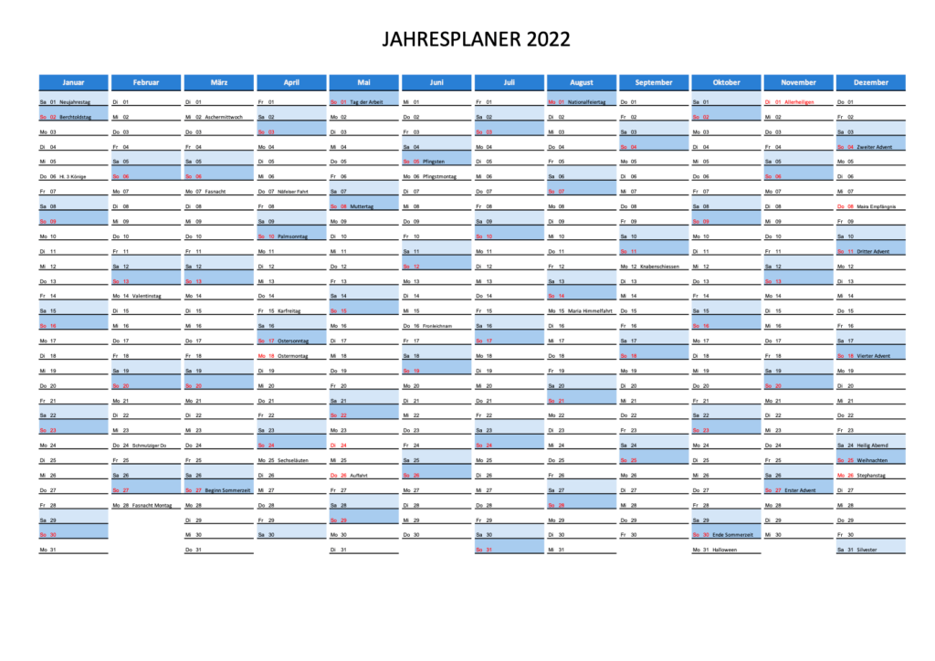 Jahresplaner 2022 Schweiz zum Ausdrucken Excel & PDF