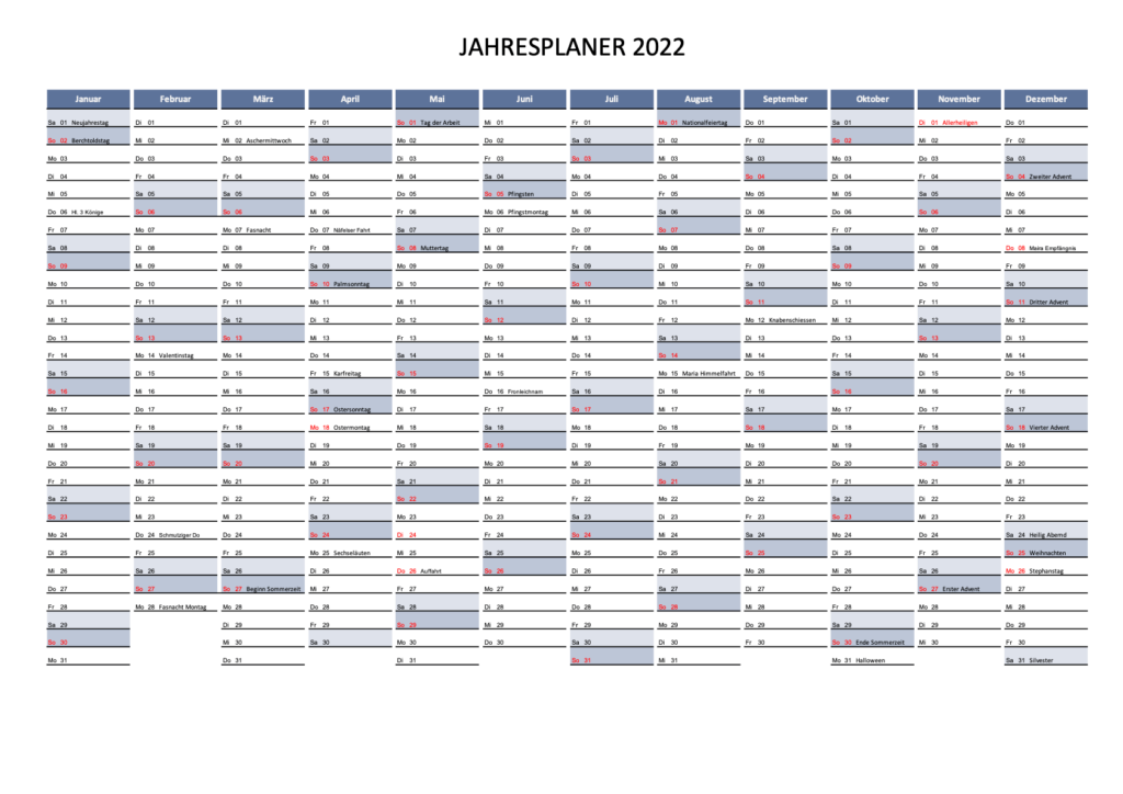 Jahresplaner 2022 Schweiz mit Feiertagen Excel & PDF