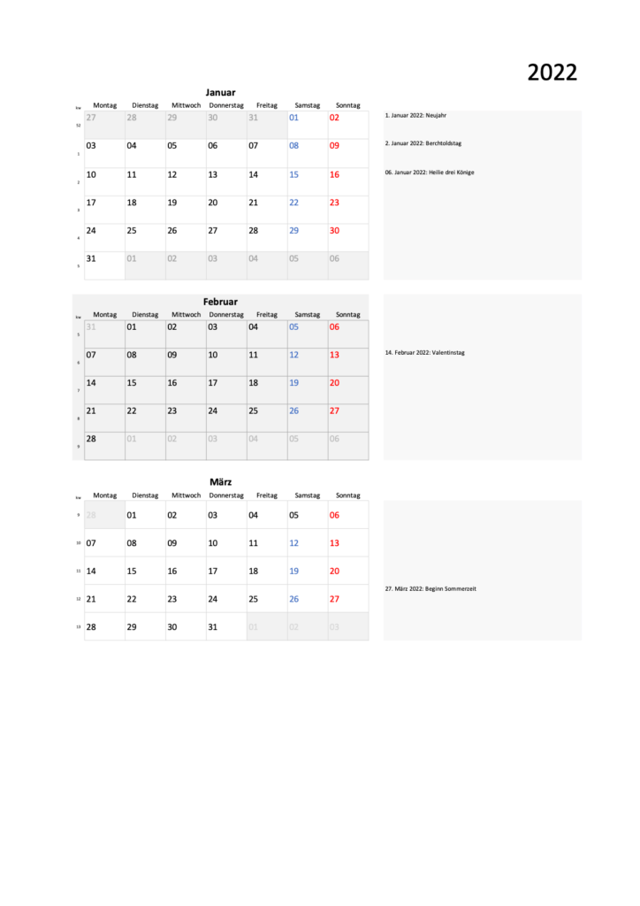Quartal Kalender 2022 Excel PDF Blockdesign Hochformat