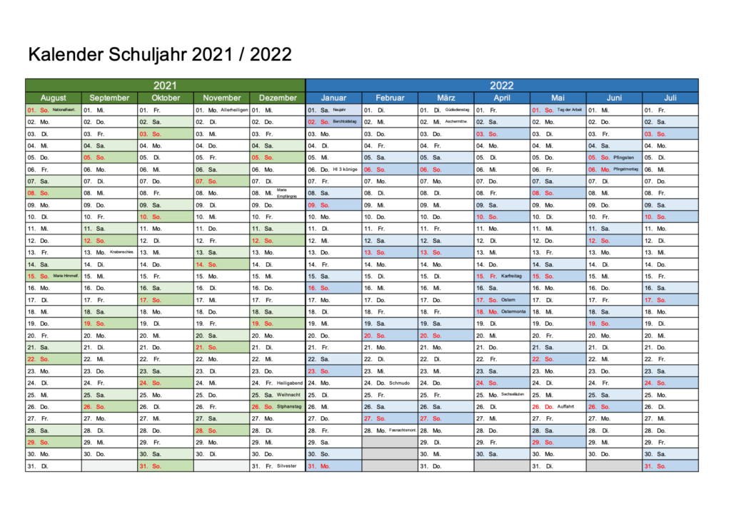 Schweizer Schulkalender 2021 2022 Querformat Excel & PDF