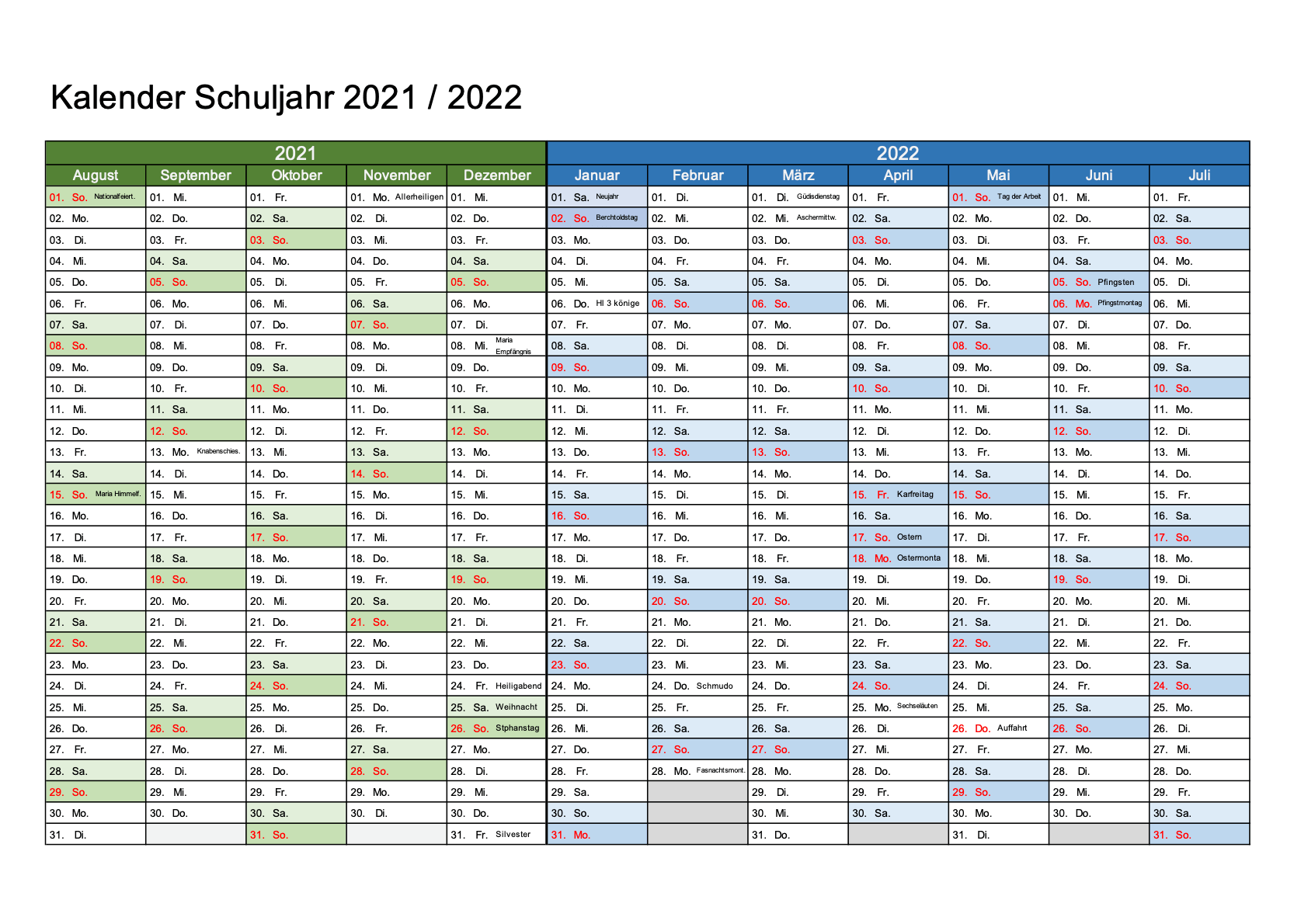 Schulkalender 2021/2022 (Excel & PDF) kostenlos | Schweiz ...