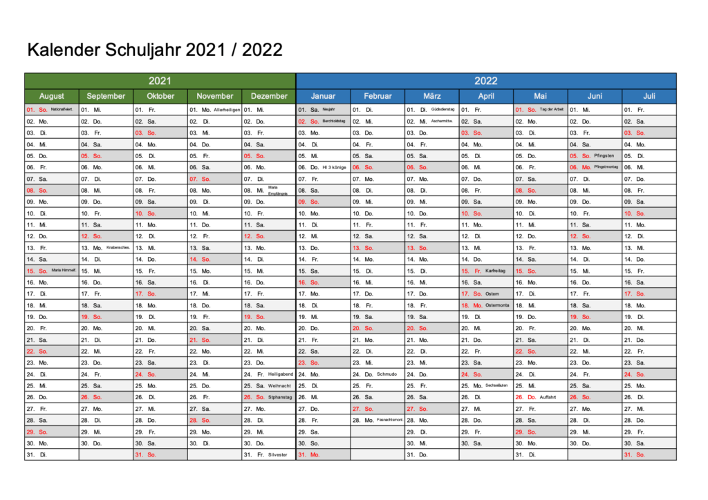Schulkalender Schweiz 2021 2022 Querformat Excel & PDF