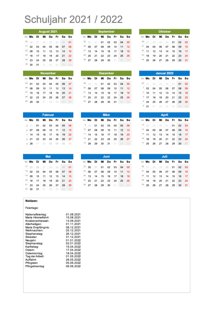 Schulkalender 2021 2022 Excel PDF