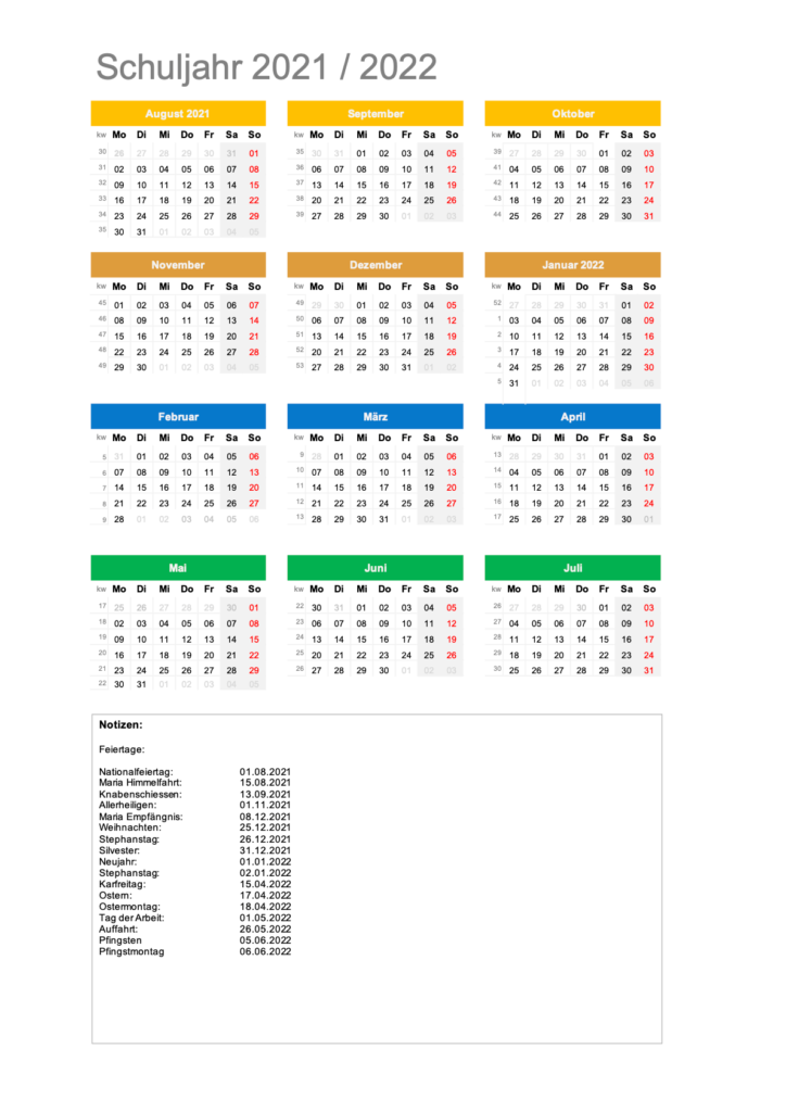 Schulkalender Halbjahreskalender 2021 2022 August bis Juli