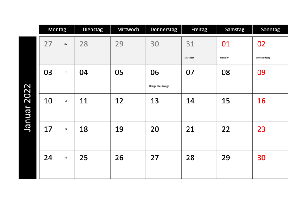 Monatskalender Excel PDF Schweiz 2022 mit Feiertagen und Kalenderwochen