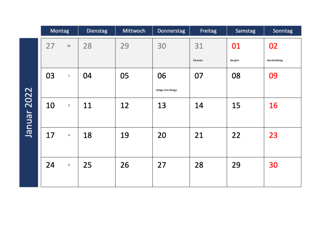 Monatskalender 2022 Excel PDF Schweiz mit Feiertagen und Kalenderwochen