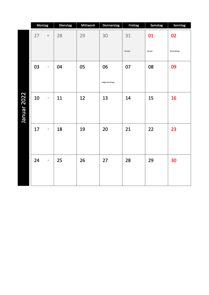 Hochformat Monatskalender 2022 Schweiz Excel PDF Feiertage Schweiz und Kalenderwochen