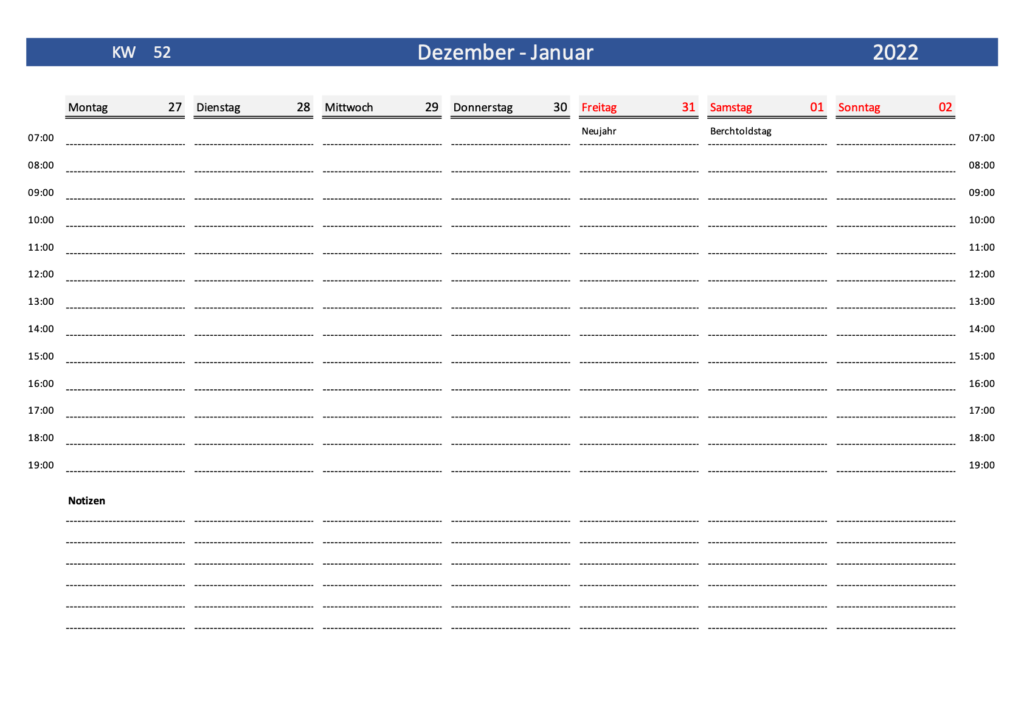 Wochenkalender 2022 Schweiz Excel & PDF
