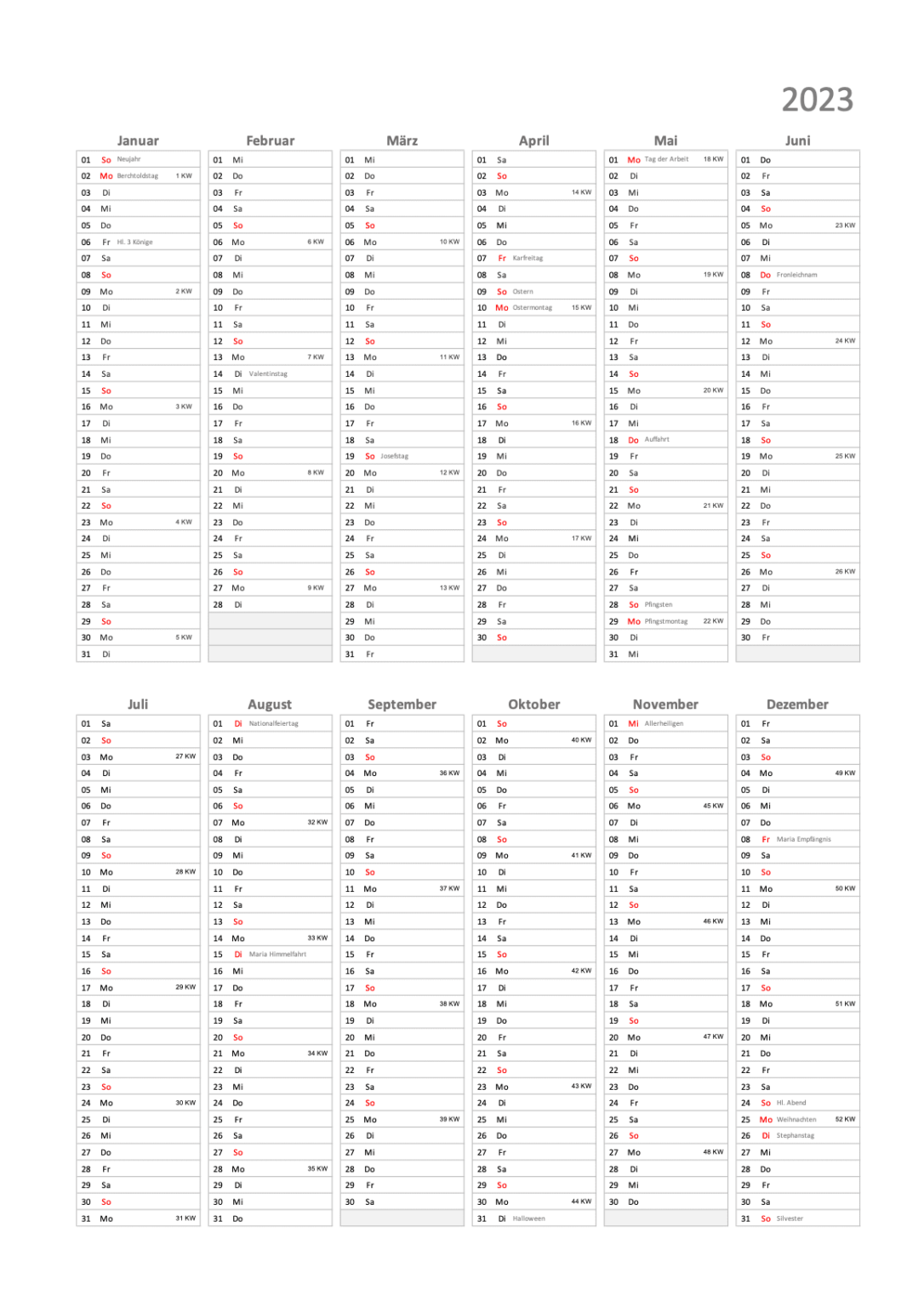 Kalender 2023 Schweiz (Excel & PDF) SchweizKalender.ch