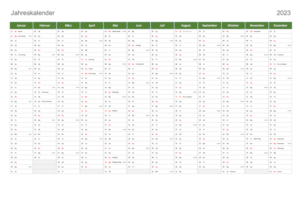 Jahreskalender 2023 Schweiz Querformat Excel und PDF