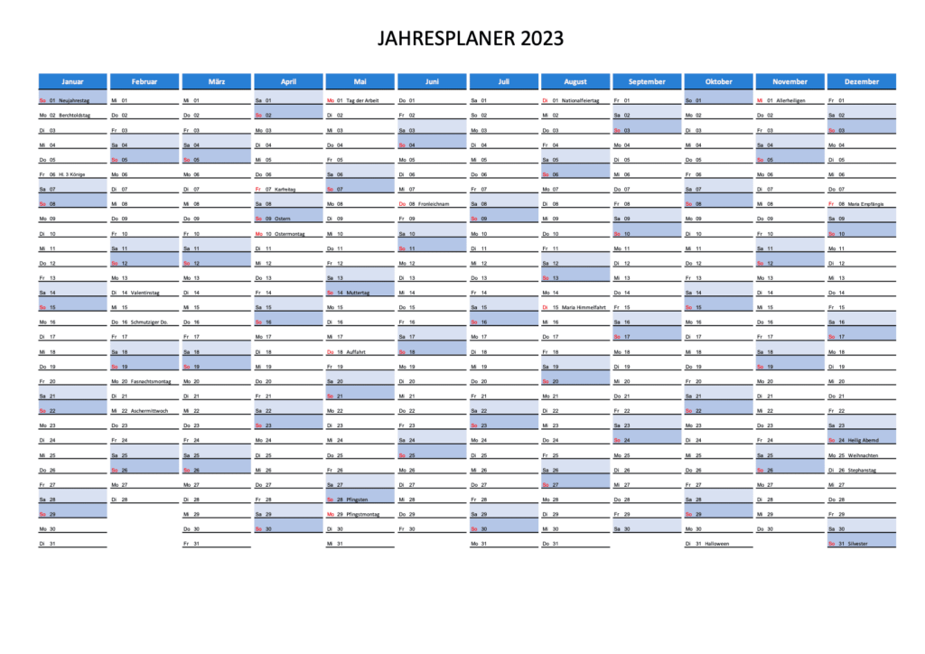 Kalender 2023 Jahresplaner Excel und PDF
