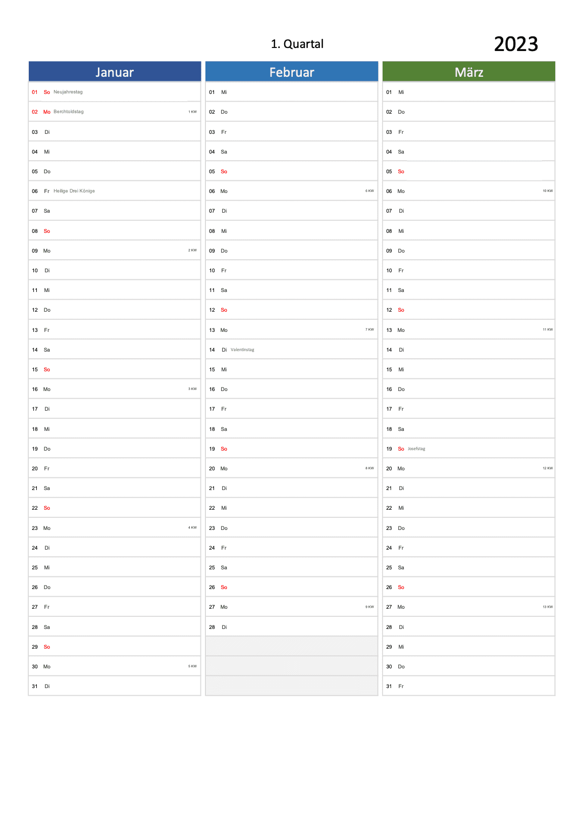 Quartal Kalender 2023 Excel PDF Multicolor Hochformat