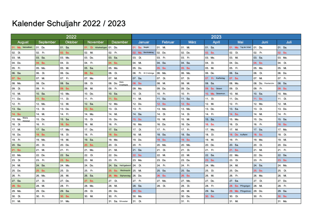 Schweizer Schulkalender 2022 2023 Querformat Excel & PDF