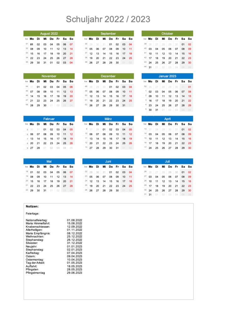 Schulkalender Schweiz 2022 / 2023 August – Juli