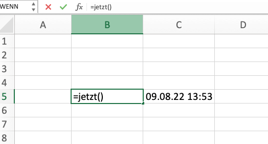 Datum heute mit Excel-Formel jetzt()