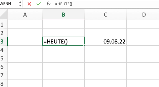 Datum heute mit Excel-Formel heute()