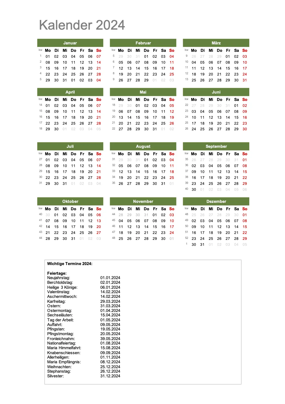 Kalender 2024 Schweiz (Excel & PDF) zum Ausdrucken gratis
