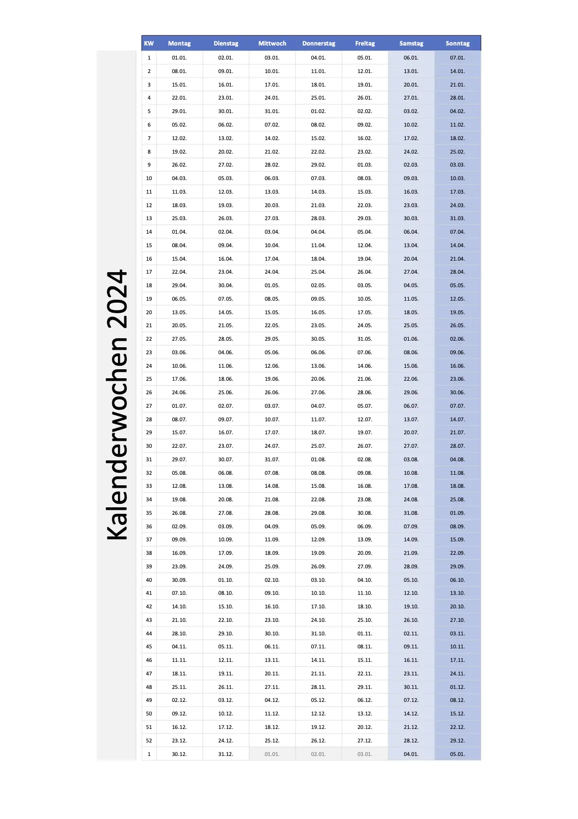 Kalenderwochen 2024 Schweiz zum Ausdrucken  Excel & PDF
