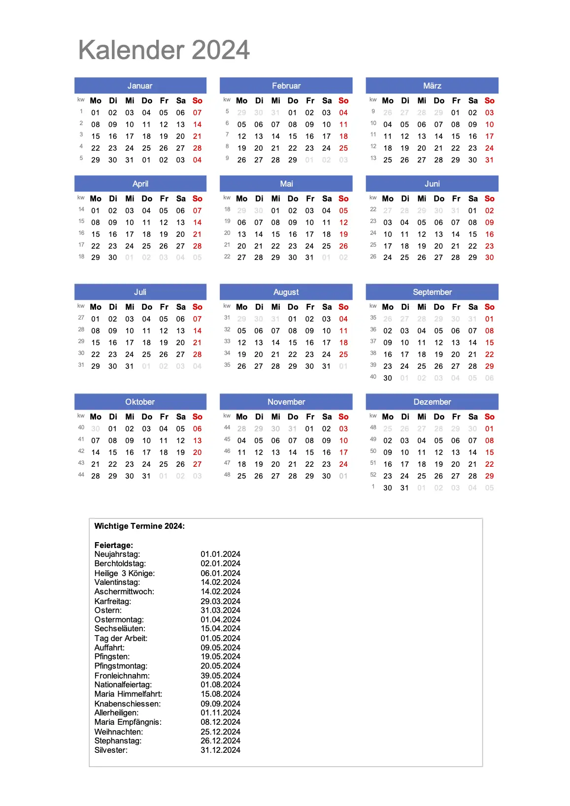 Schweiz Jahreskalender 2024 Blockformat