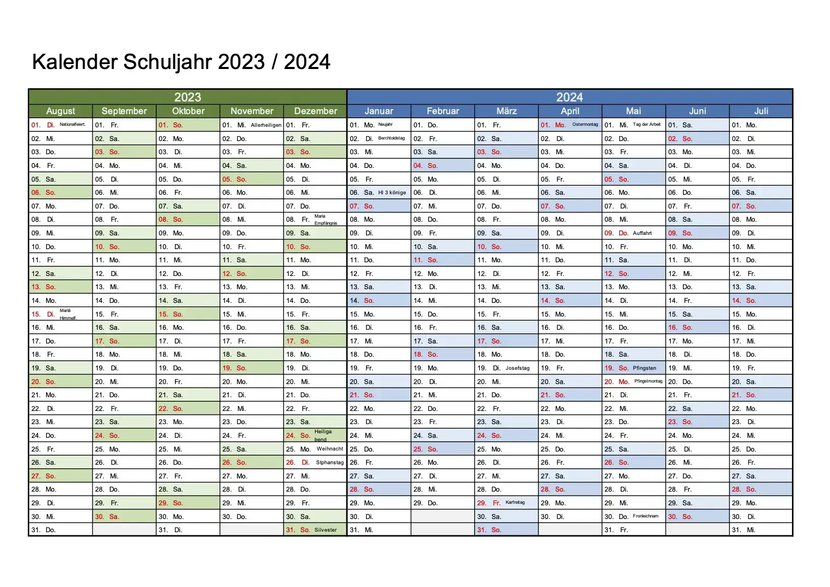 Schulkalender 2023/2024 Schweiz zum Ausdrucken