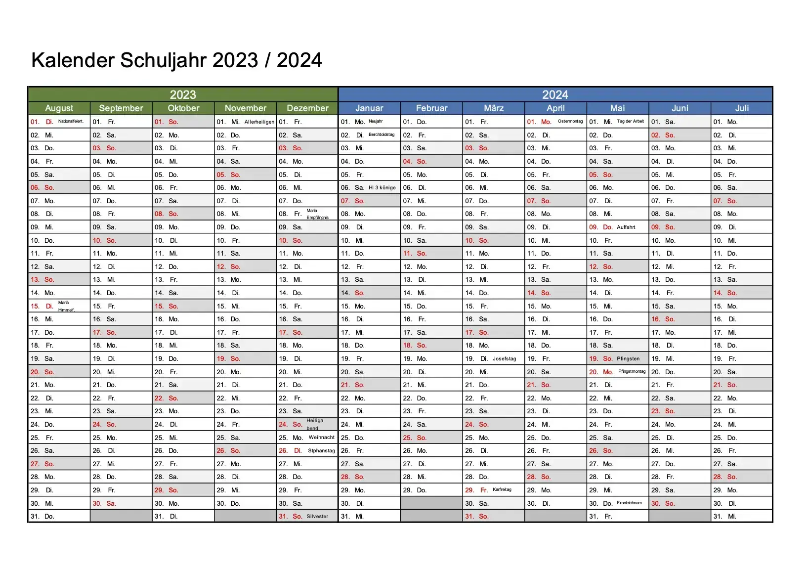 Schulkalender zum Ausdrucken für das Schuljahr 2023-2024
