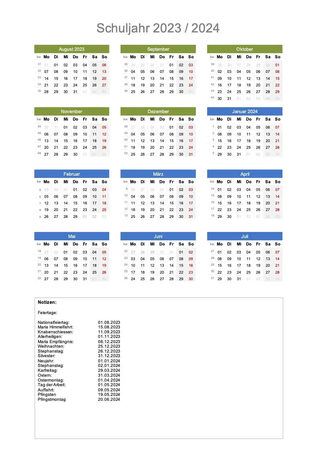 Schulkalender 2023-2024 Schweiz zum Ausdrucken Excel & PDF