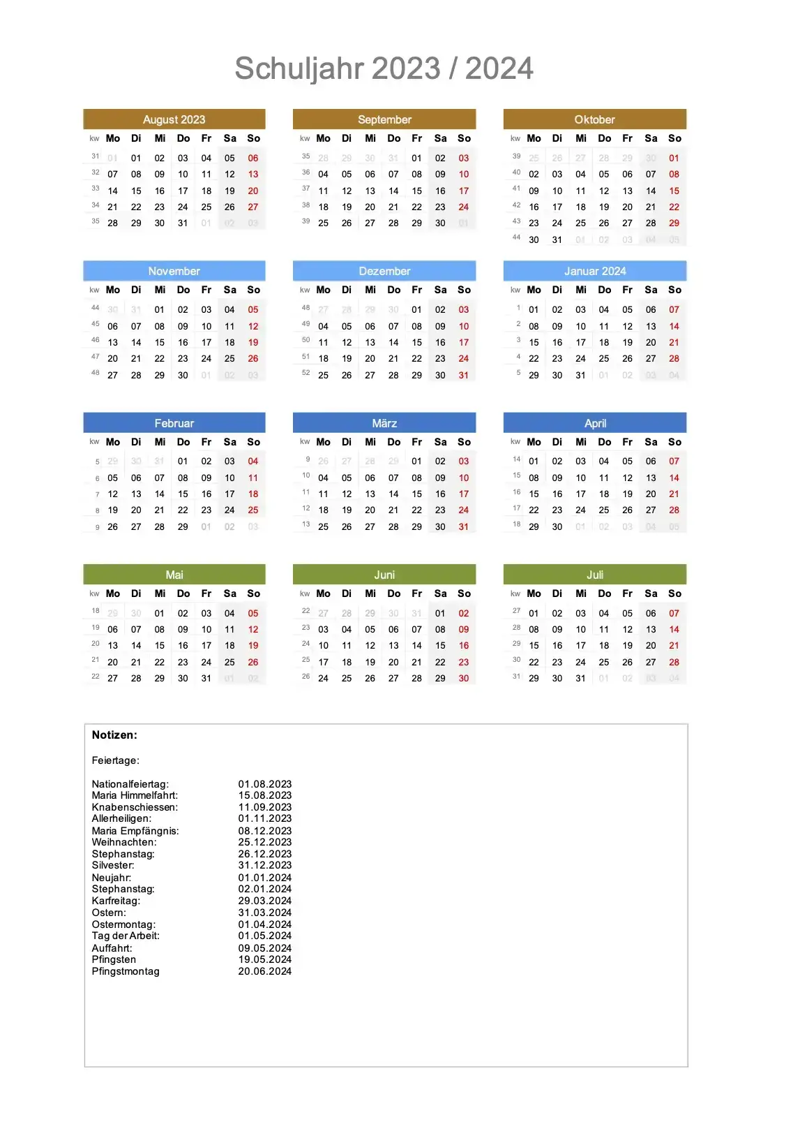 Schulkalender 2023-2024 zum Ausdrucken PDF Excel - mit Schweizer Feiertagen