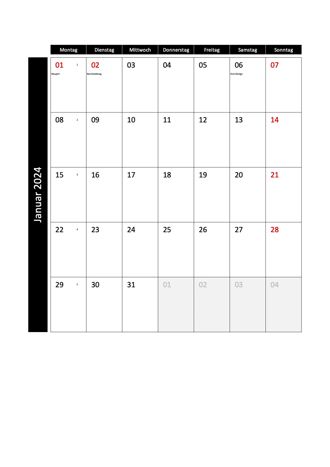 Monatskalender 2024 Hochformat mit Kalenderwochen