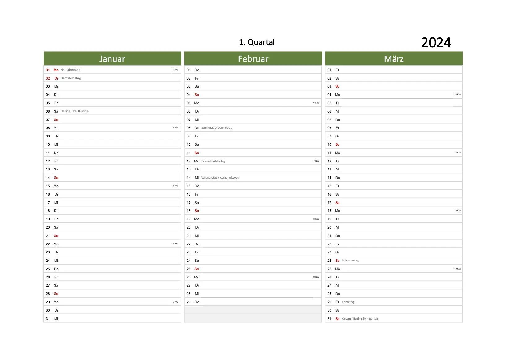 Quartalskalender 2024 Excel PDF grün