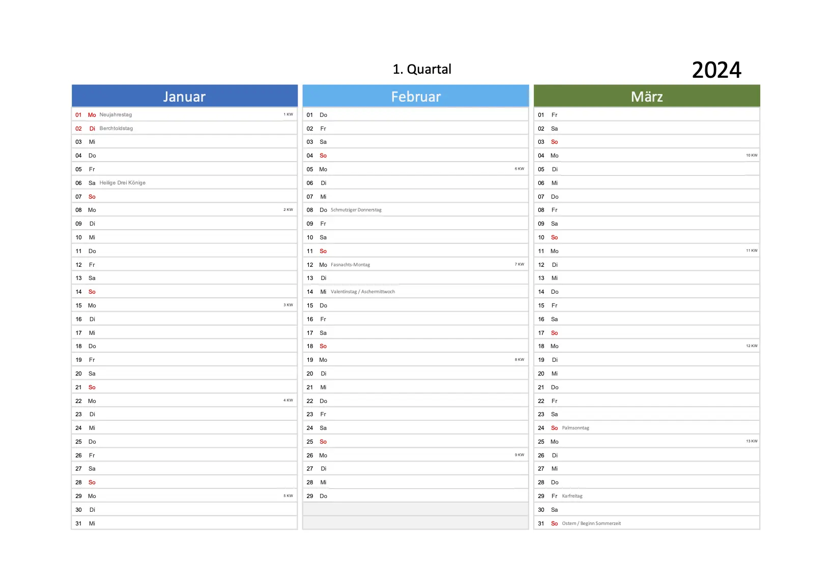Quartalskalender 2024 Excel PDF Multicolor